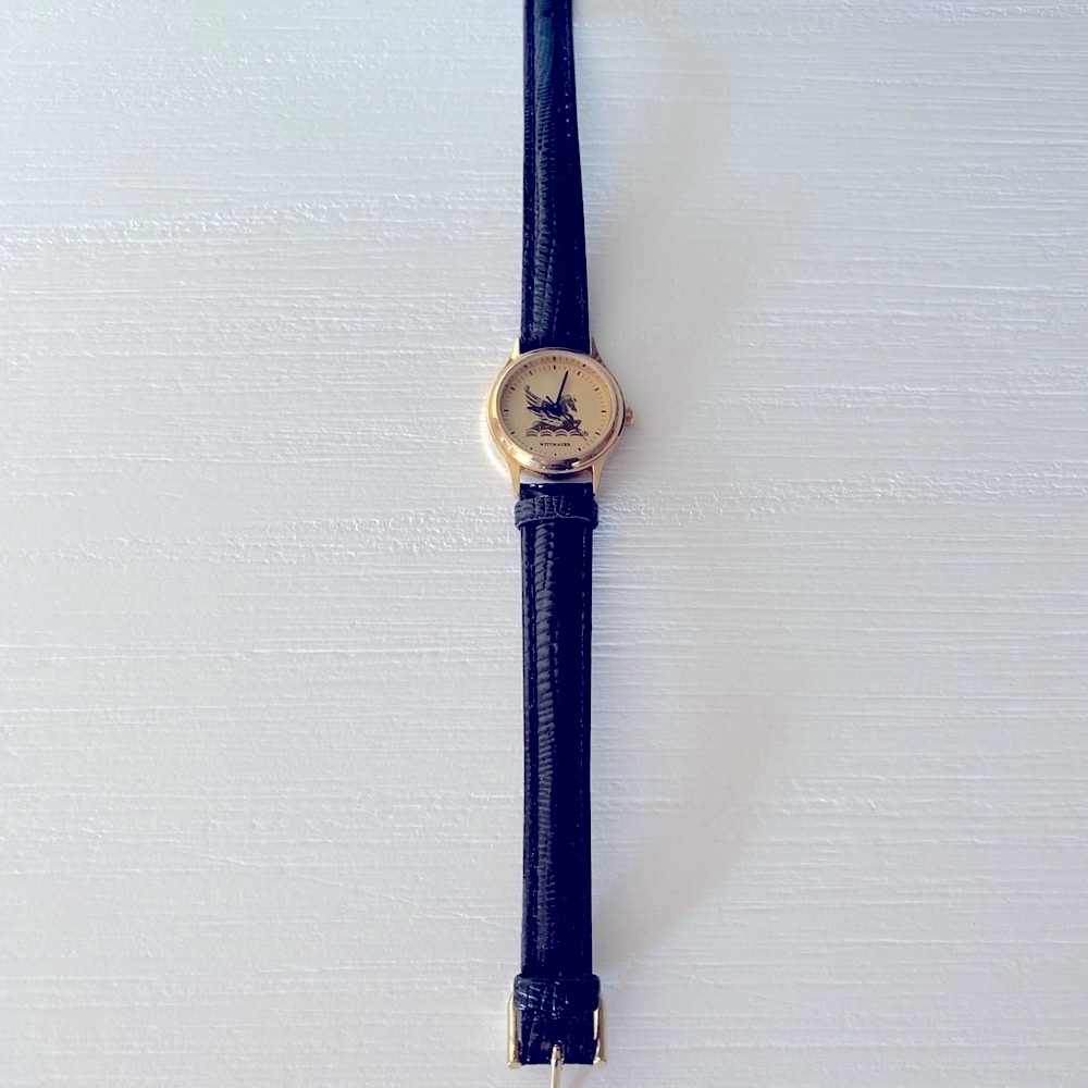 Vintage Wittnauer Pegasus Watch Women Gold Tone Black Leather Band